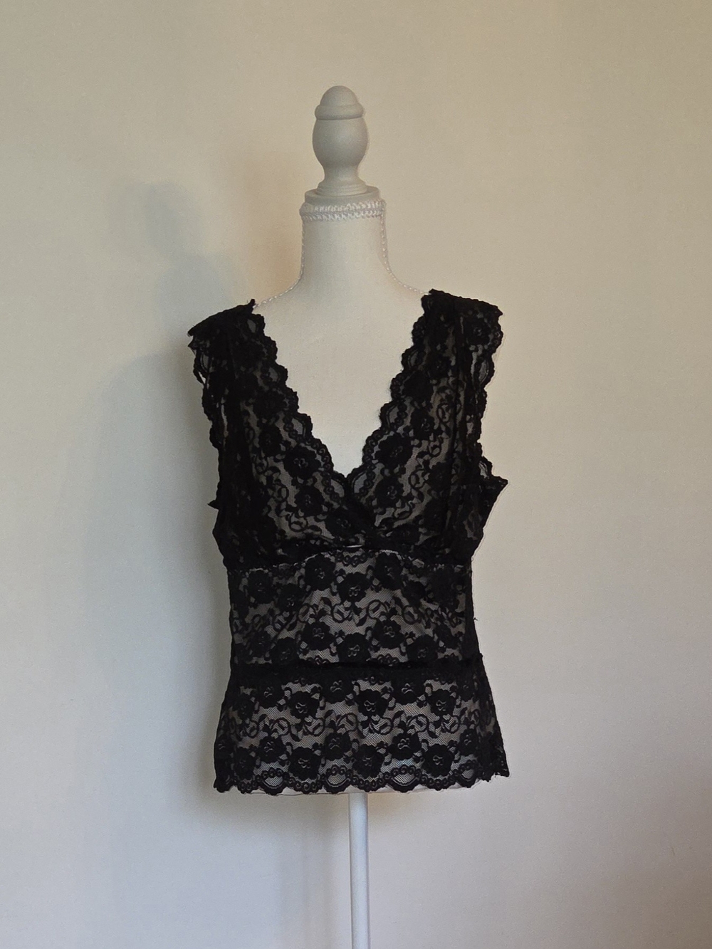 George Black Floral Lace Deep V Top NWT